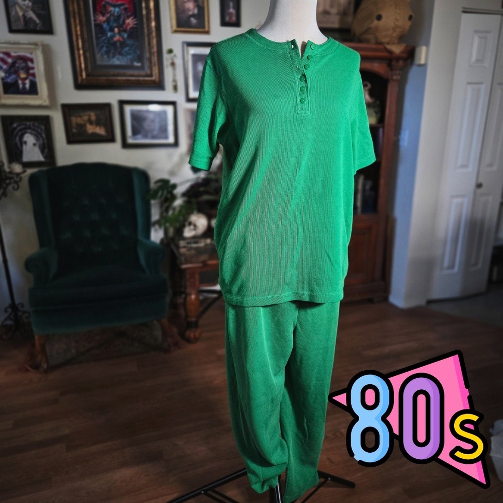 Vintage 80s Bechamel Green‎ Ribbed Henley Pajama Short Sleeve Top & Pants Set